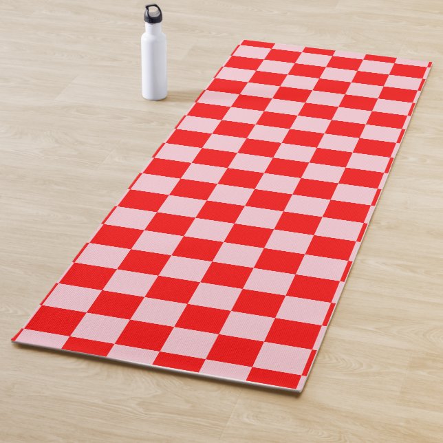 Pastel Pink Red Chequered Chequerboard Vintage Yoga Mat (In Situ)