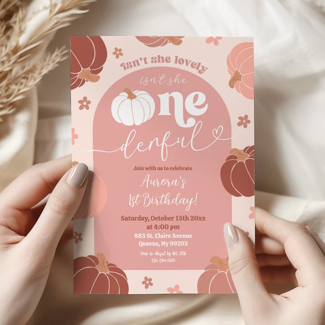 Pastel Pink Retro Pumpkin First Birthday Invitation (Creator Uploaded)