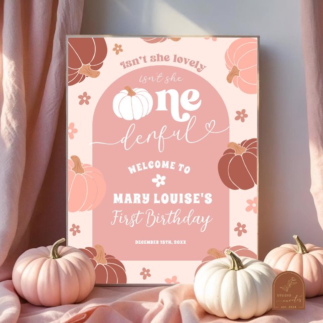 Pastel Pink Retro Pumpkin First Birthday Welcome Poster (Creator Uploaded)