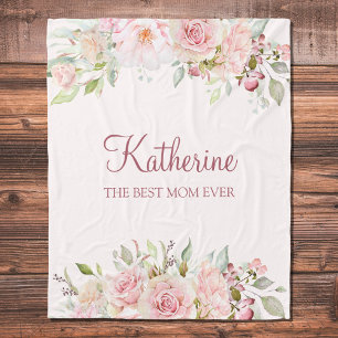 Pastel Pink Rose Flower Floral Best Mum Ever Fleece Blanket