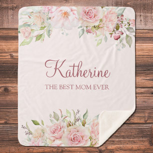 Pastel Pink Rose Flower Floral Best Mum Ever Sherpa Blanket