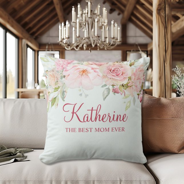 Pastel Pink Rose Flower Floral The Best Mum Ever Cushion (In situ)