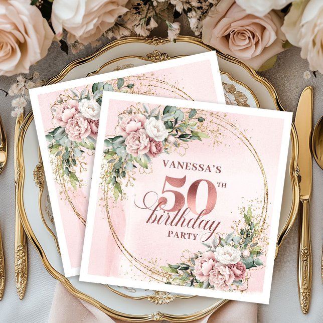 Pastel Pink Rose Gold Blush Flowers 50th Birthday  Napkin (Pastel Pink Rose Gold Blush Flowers 50th Birthday Napkins

)
