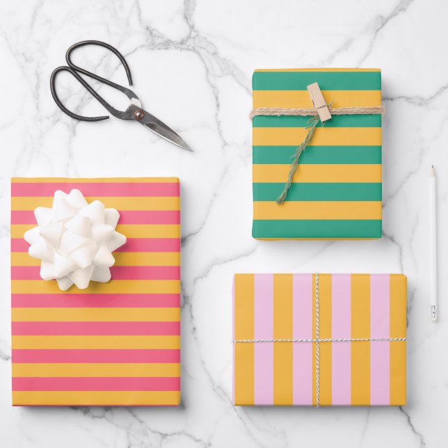 Pastel Pink, Rose, Jade and Sunglow Yellow Stripes Wrapping Paper Sheet (Front)
