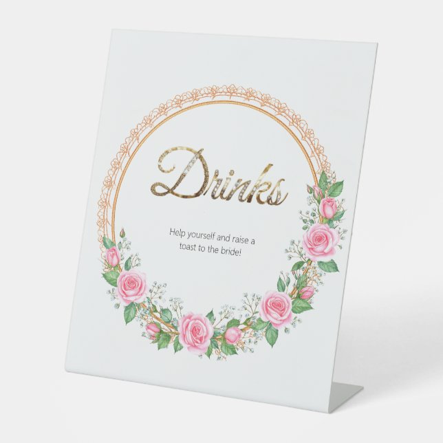 Pastel Pink Roses & Baby’s Breath Drinks Pedestal Sign (Front)