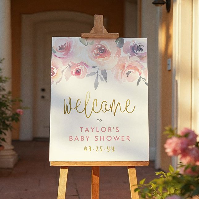 Pastel Pink Roses & Greenery Baby Shower Welcome Poster (Creator Uploaded)