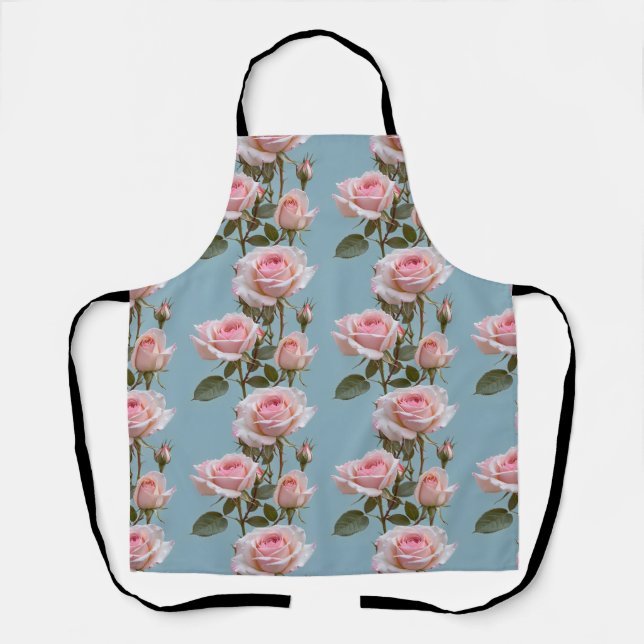 Pastel Pink Roses On A Soft Sky Blue Background  Apron (Front)