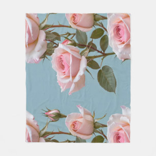 Pastel Pink Roses On A Soft Sky Blue Background  Fleece Blanket