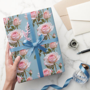 Pastel Pink Roses On A Soft Sky Blue Background Wrapping Paper