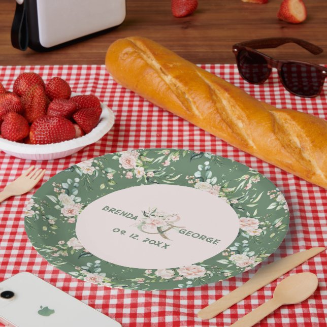 Pastel pink roses watercolors pattern on green paper plate (Picnic)