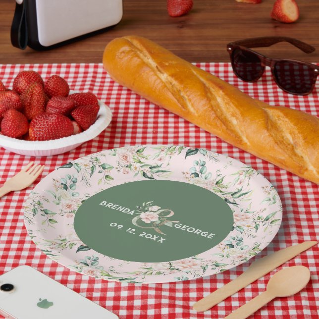 Pastel pink roses watercolors seamless pattern pap paper plate (Picnic)