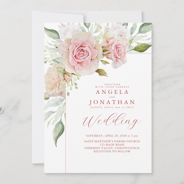 Pastel Pink Roses Wedding Invitation (Front)