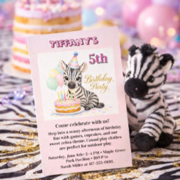 Pastel Pink Safari Zebra Girl Five Birthday Party Invitation