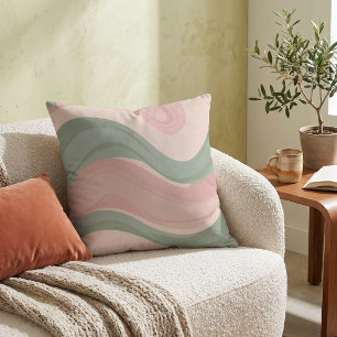 Pastel Pink Sage Green Abstract Wavy Pattern Cushion