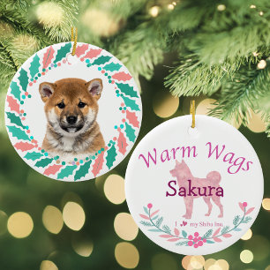 Pastel Pink Shiba Inu   Personalised Christmas Ceramic Tree Decoration