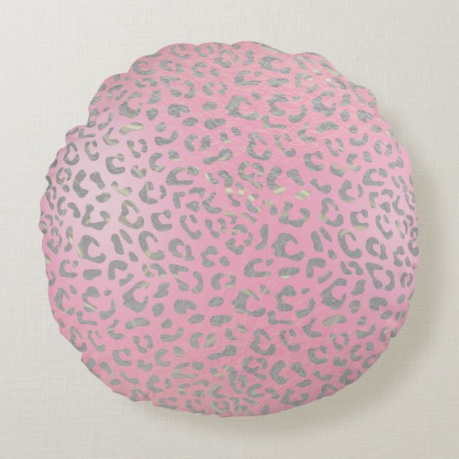 Pastel Pink Silver Leopard Print Round Cushion (Front)