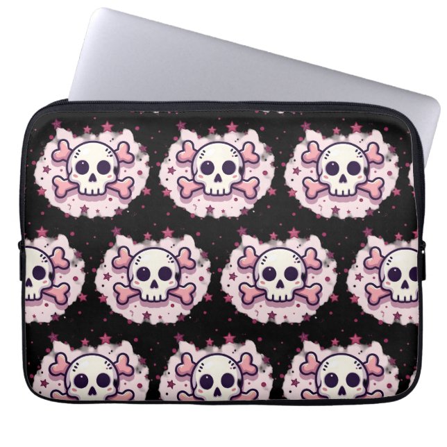 Pastel Pink Skull and Crossbones Laptop Sleeve (Front)
