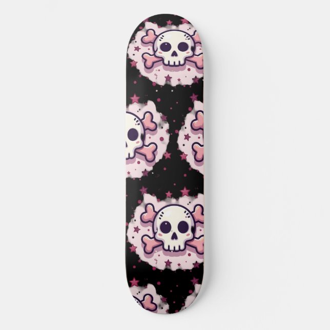 Pastel Pink Skull and Crossbones Skateboard (Front)