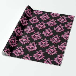 Pastel Pink Skull damask on black Wrapping paper