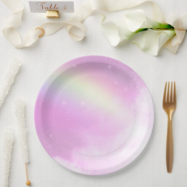Pastel Pink Sky with Yellow Rainbow Paper Plate (Wedding)