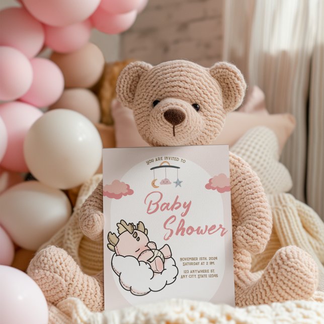Pastel Pink Sleeping Cloud Baby Dragon Birthday Invitation (Creator Uploaded)