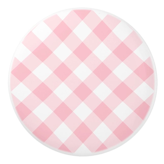 Pastel Pink Small Gingham Ceramic Knob (Front)