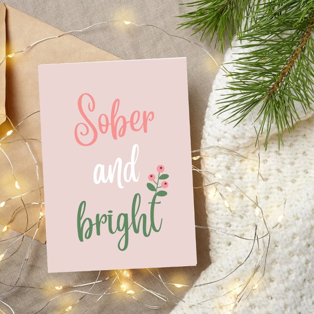 Pastel Pink Sober and Bright Christmas Thank You Card (sobriety christmas card with text sober and bright, pastel pink, trendy colors comfort cosy)