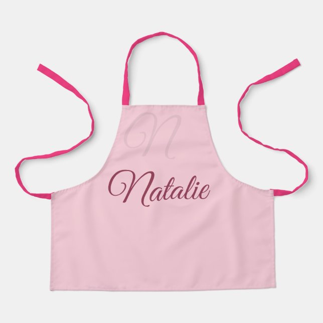 Pastel pink solid colour monogrammed apron (Front)