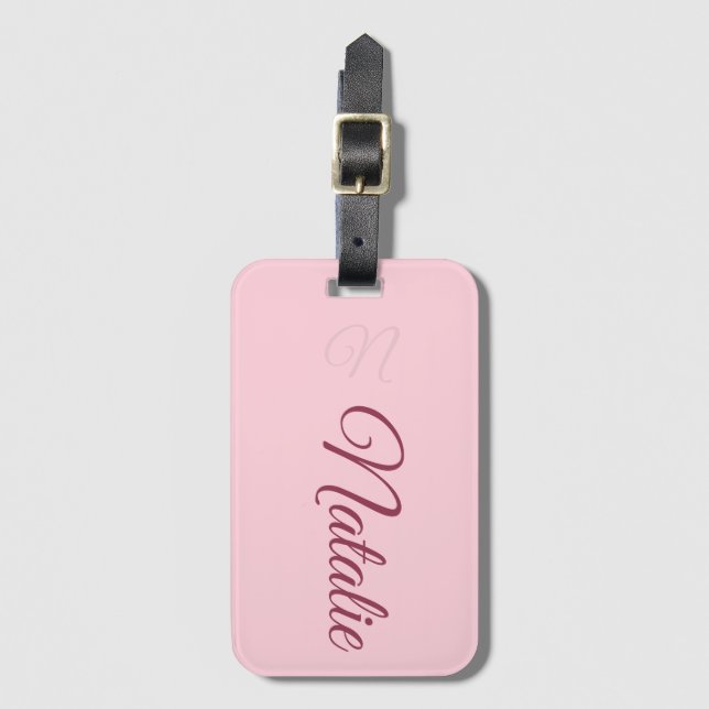 Pastel pink solid colour monogrammed luggage tag (Front Vertical)