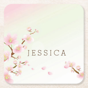 Pastel Pink Spring Floral Blossom Square Paper Coaster