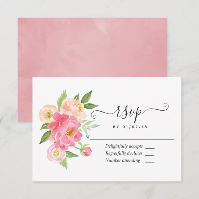 Pastel Pink Spring Watercolor Peonies Wedding RSVP Card (Front/Back)