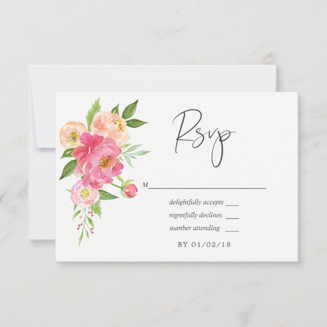 Pastel Pink Spring Watercolor Peonies Wedding RSVP Card (Front)