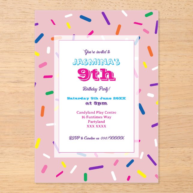 Pastel Pink Sprinkles Acrylic Invitation (Front)