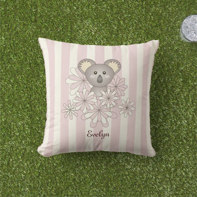 Pastel Pink Stripe Cute Baby Koala Bear Girl Outdoor Cushion (Grass)