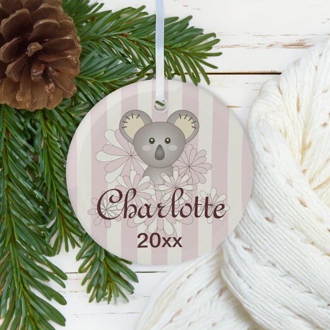 Pastel Pink Stripe Cute Baby Koala Girl Glass Tree Decoration (Creator Uploaded)