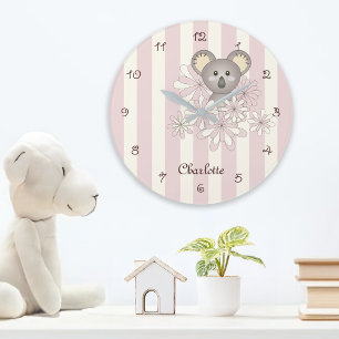 Pastel Pink Stripe Cute Koala Nursery / Kids Room Large Clock