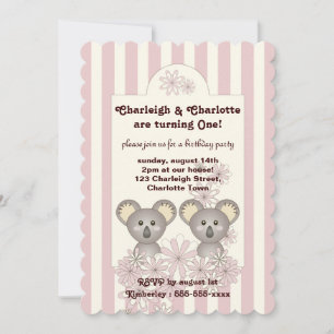 Pastel Pink Stripes Baby Koala Twin Girl Birthday Invitation