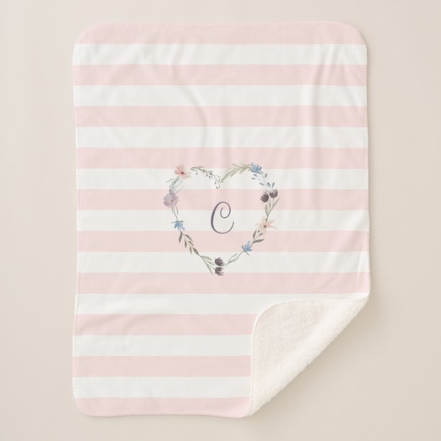 Pastel Pink Stripes Floral Heart Monogram Sherpa Blanket (Front)