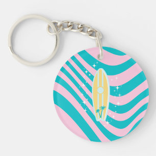 Pastel Pink Surfboard, Beach Art, Tropical Vibes Key Ring