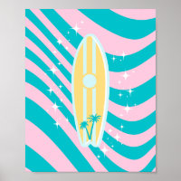 Pastel Pink Surfboard, Beach Art, Tropical Vibes