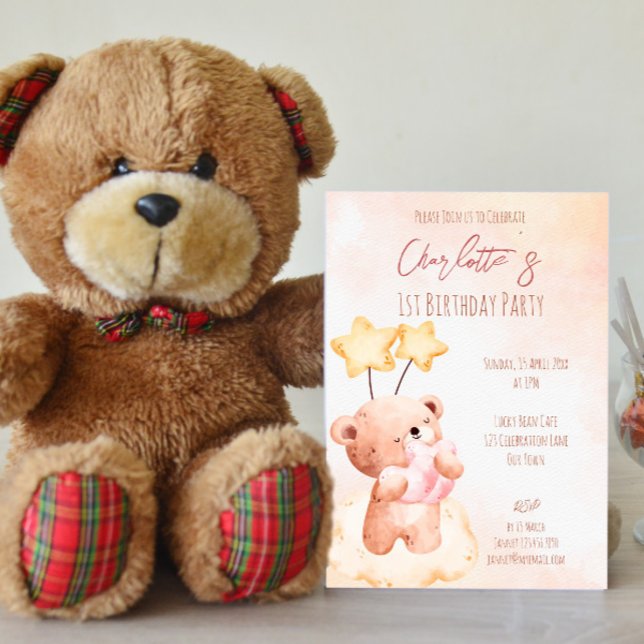 Pastel pink sweet teddy bear birthday party  invitation (Creator Uploaded)