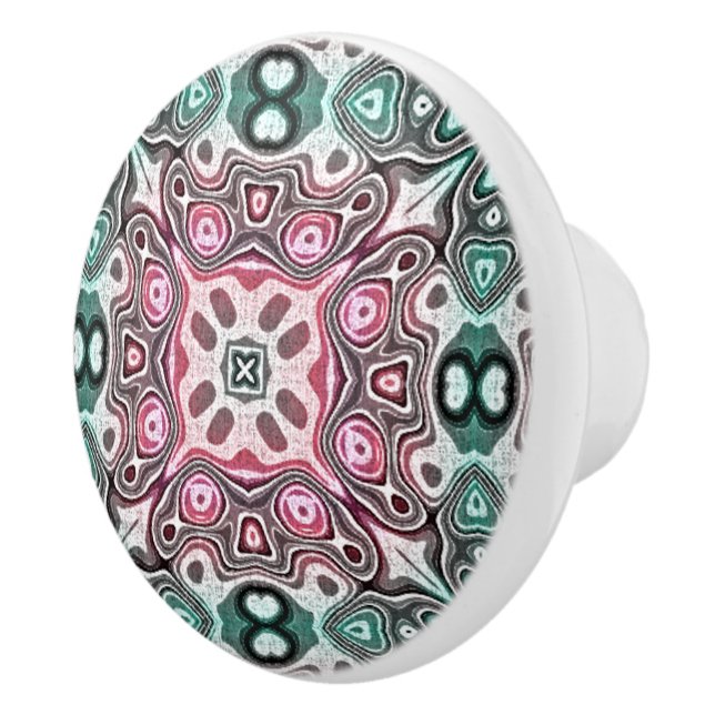Pastel Pink Teal Blue Green Tribal Art Pattern Ceramic Knob (Right)