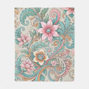 Pastel Pink Teal Boho Batik Floral Watercolor Fleece Blanket