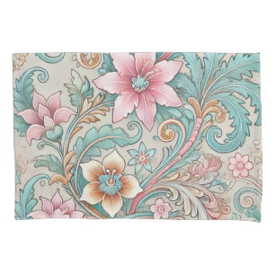Pastel Pink Teal Boho Indonesian Batik Floral Pillowcase