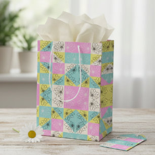 Pastel Pink Teal & Cream Chequered Floral Pattern Medium Gift Bag