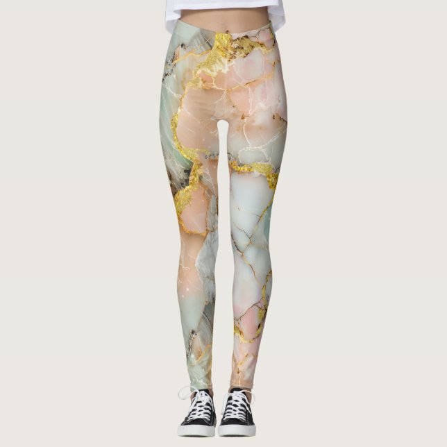 Pastel Pink, Teal, White Marble Leggings (Front)