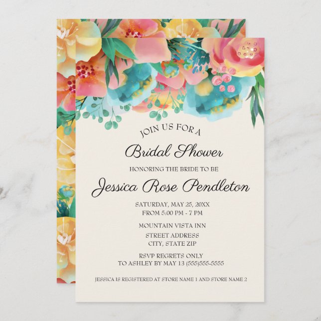 Pastel Pink Teal Yellow Floral Bridal Shower Invitation (Front/Back)