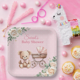 Pastel Pink Teddy Bear Baby Shower Paper Plate