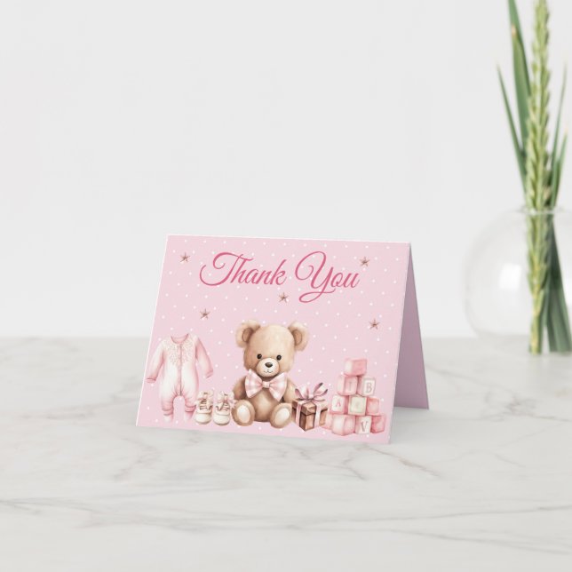Pastel Pink Teddy Bear Baby Shower Thank You Note Card (Front)