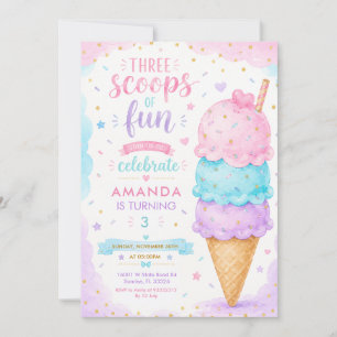 Pastel Pink Three Scoops Of Fun 3rd Birthday Party Invitation